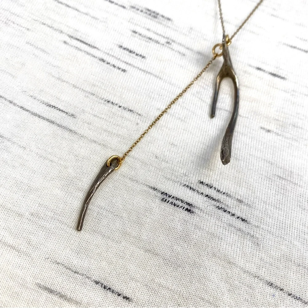 NWOT Asymmetrical Wishbone Lariat Gold Plated & Pewter Artisan Necklace